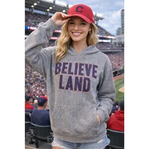 Believe Land Cleveland Hoodie Womens Small Gray Graphic Pullover Sweatshirt